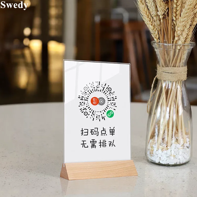 A5 148X210MM Wooden Menu Paper Holders For Restaurants Price Label Card Holder Poster Frame Acrylic Sign Holder Display Stand