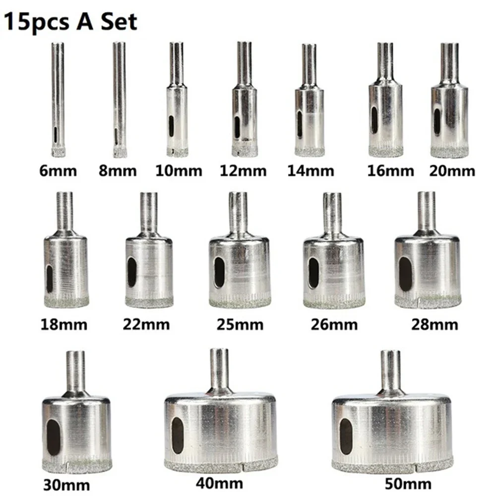 Diamond Coated Drill Bit Set 15pcs 6mm-50mm Tile Marble Glass Ceramic Hole Saw Drilling Bits For Power Tools