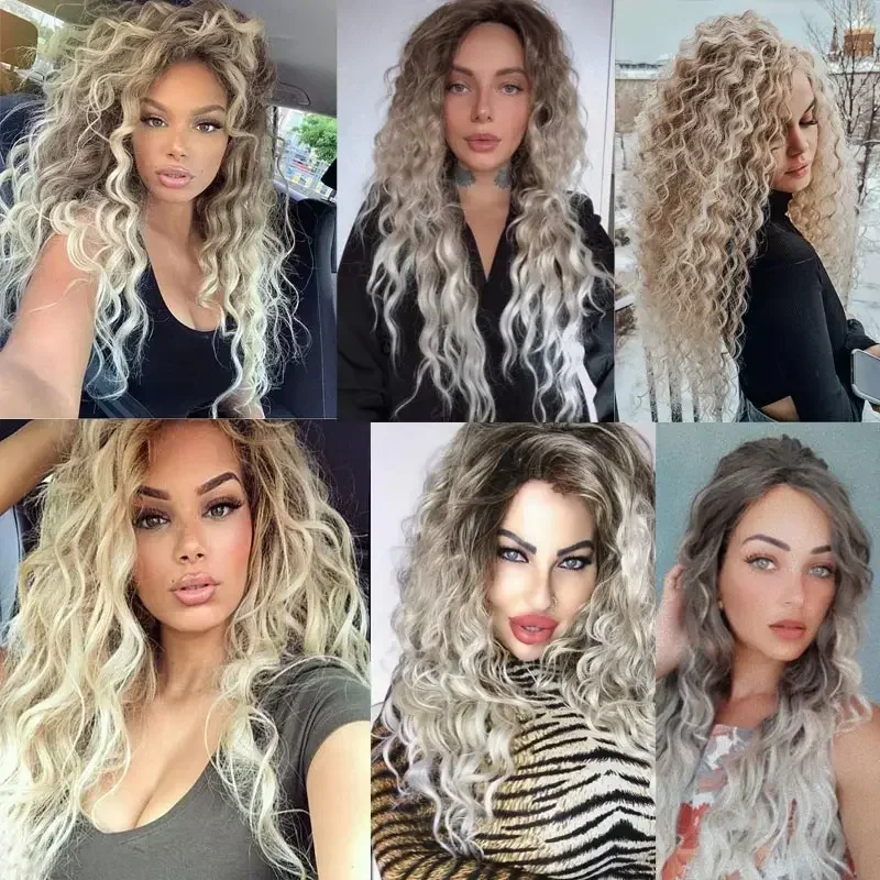 Charming Party Wig Women\'s Fashion Long Curly Hair Wigs Brown Ombre Synthetic Curls Wavy Hair Female Loose Deep Wave Wig Pelucas