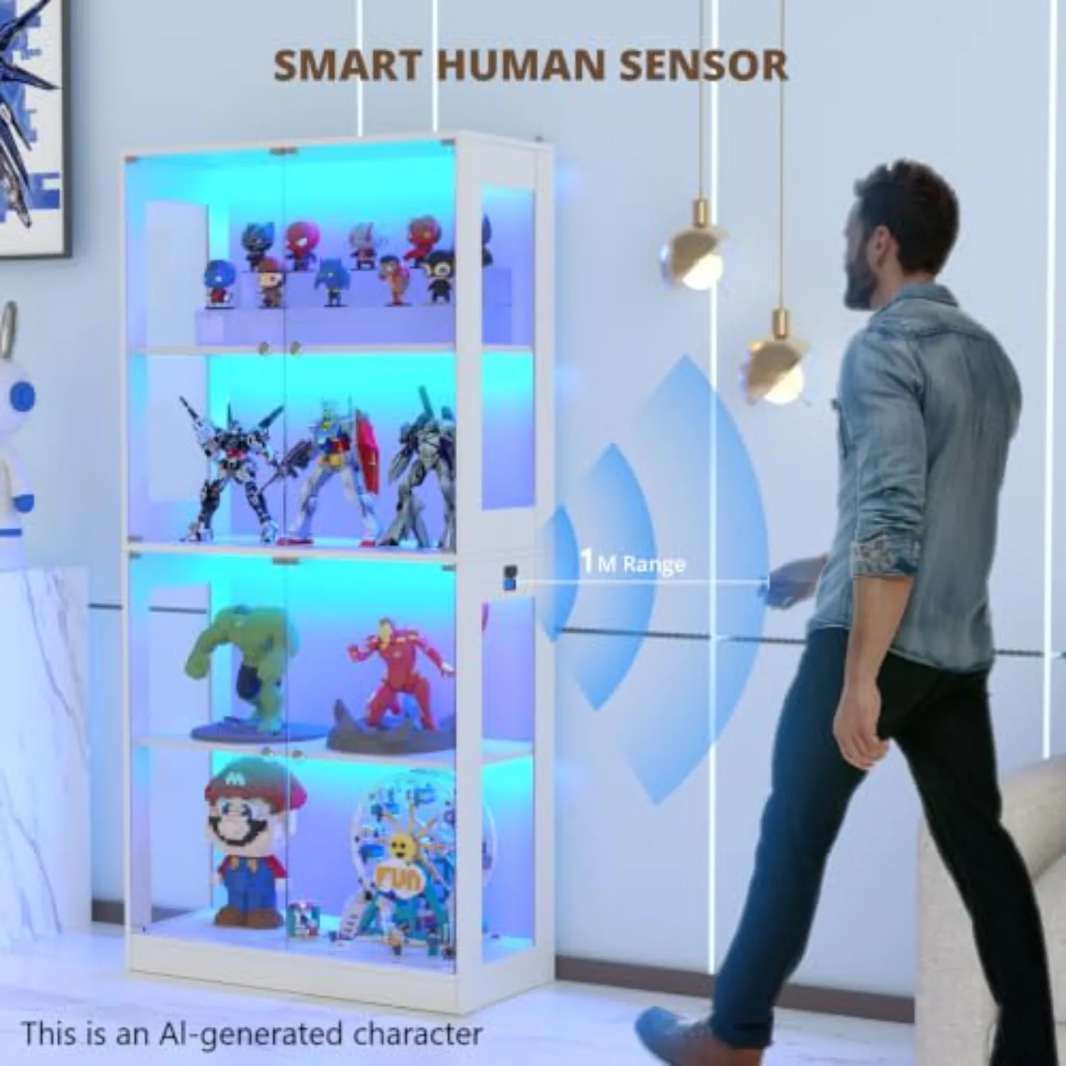 65'' Display Cabinet with Glass Door 4-Tier Display Case | Human Body Sensor, 3 Color LED Lighting, Curio Cabinet for view 5