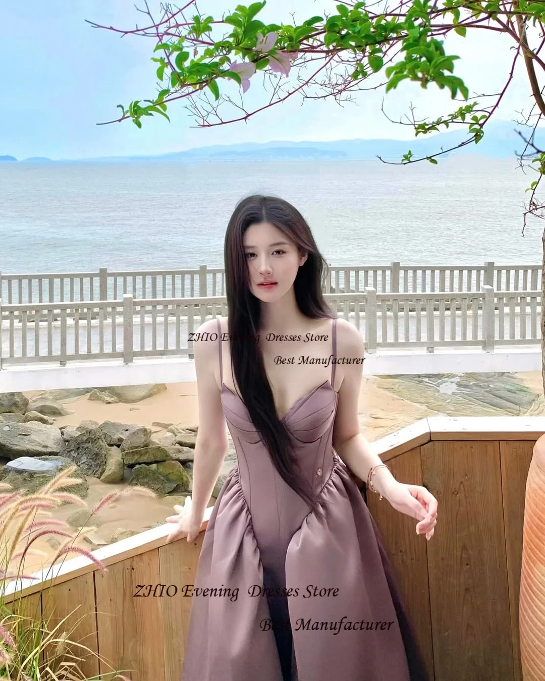 ZHIO Элегантное фиолетовое атласное вечернее платье трапециевидной формы без бретелек на тонких бретельках без рукавов длиной до пола, платья для выпускного вечера со складками
