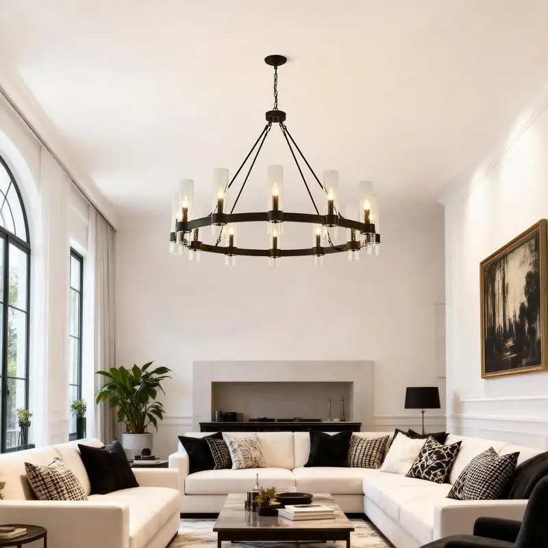 

43,3-дюймовая матовая черная люстра на колесах Wagon с 12 лампами (лампочки в комплект не входят) - Декор освещения фермерского дома в деревенском стиле для столовой,