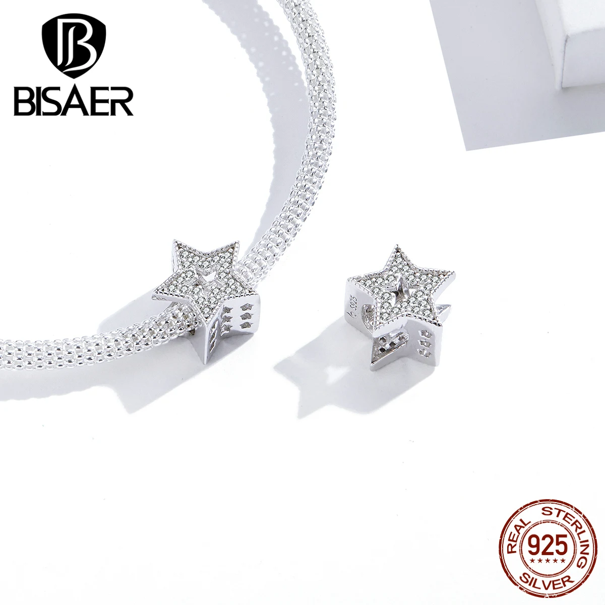 BISAER 925 Sterling Silver Bright Sun Pendant Shining Stars Charm Plated Platinum Beads Fit Bracelet Necklace DIY Fine Jewelry