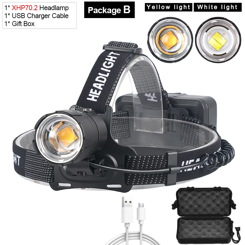 XHP70 Led-koplamp Meest krachtige oplaadbare koplamp met geel/wit licht Vissen Camping Zoom-koplamp Waterdichte koplamp