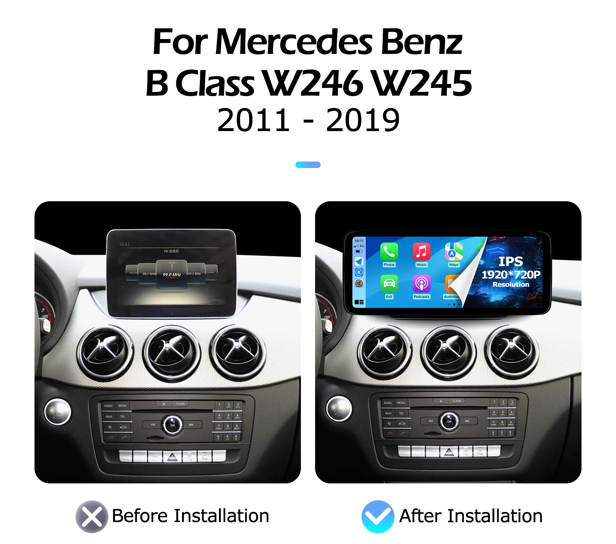 1920*720P Carplay Android 15 12.3 inch For Mercedes Benz B Class W245 W246 2011-2019 Lntelligent Multimedia Player GPS Auto 4G