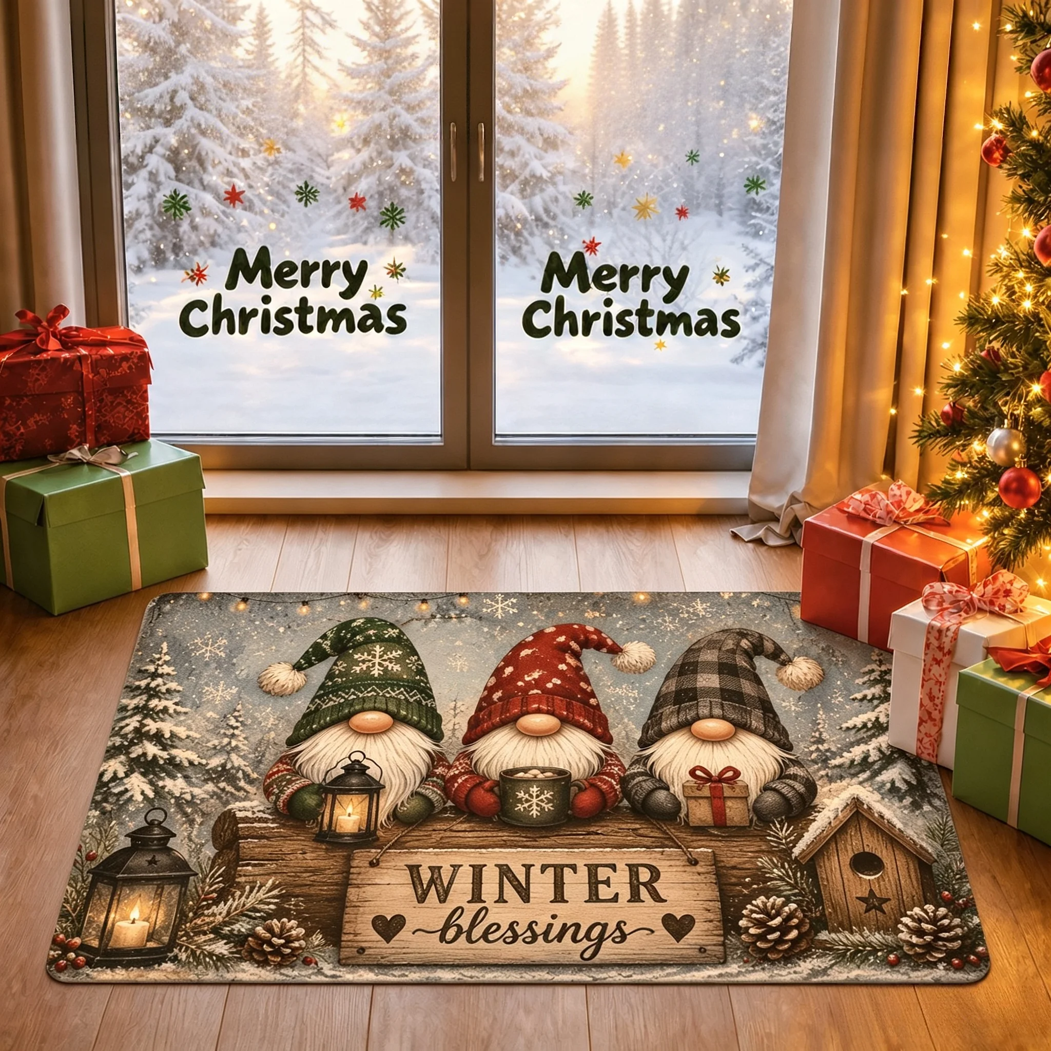 Cute Trio Gnomes Christmas Door Mat Winter Blessings Text Snow Forest Pattern Rug Indoor Entryway Home Ornament