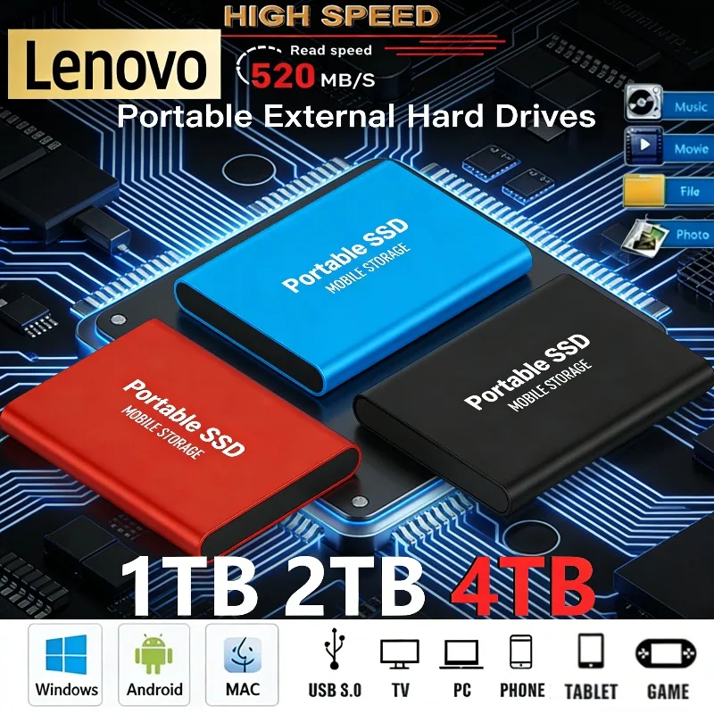 

Высокоскоростной мини-флеш-накопитель Lenovo, портативный SSD T5 2 ТБ/4 ТБ, внешний твердотельный накопитель USB 3.1 для хранения данных в играх на PS4, PS5, Xbox