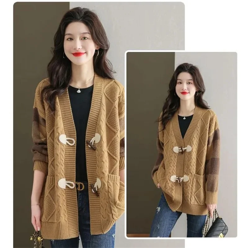 2023 Spring and Autumn New Female Fashion Cowhorn Button Mid Length Sweater Cardigan Coat Women\'s Lazy Loose Knitted Outwear