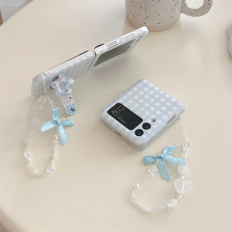 Blue Plaid Phone Stand Case for Samsung Galaxy Z Flip 6 5 4 3 Protective Back Cover for ZFlip4 ZFlip5 ZFlip6 Case