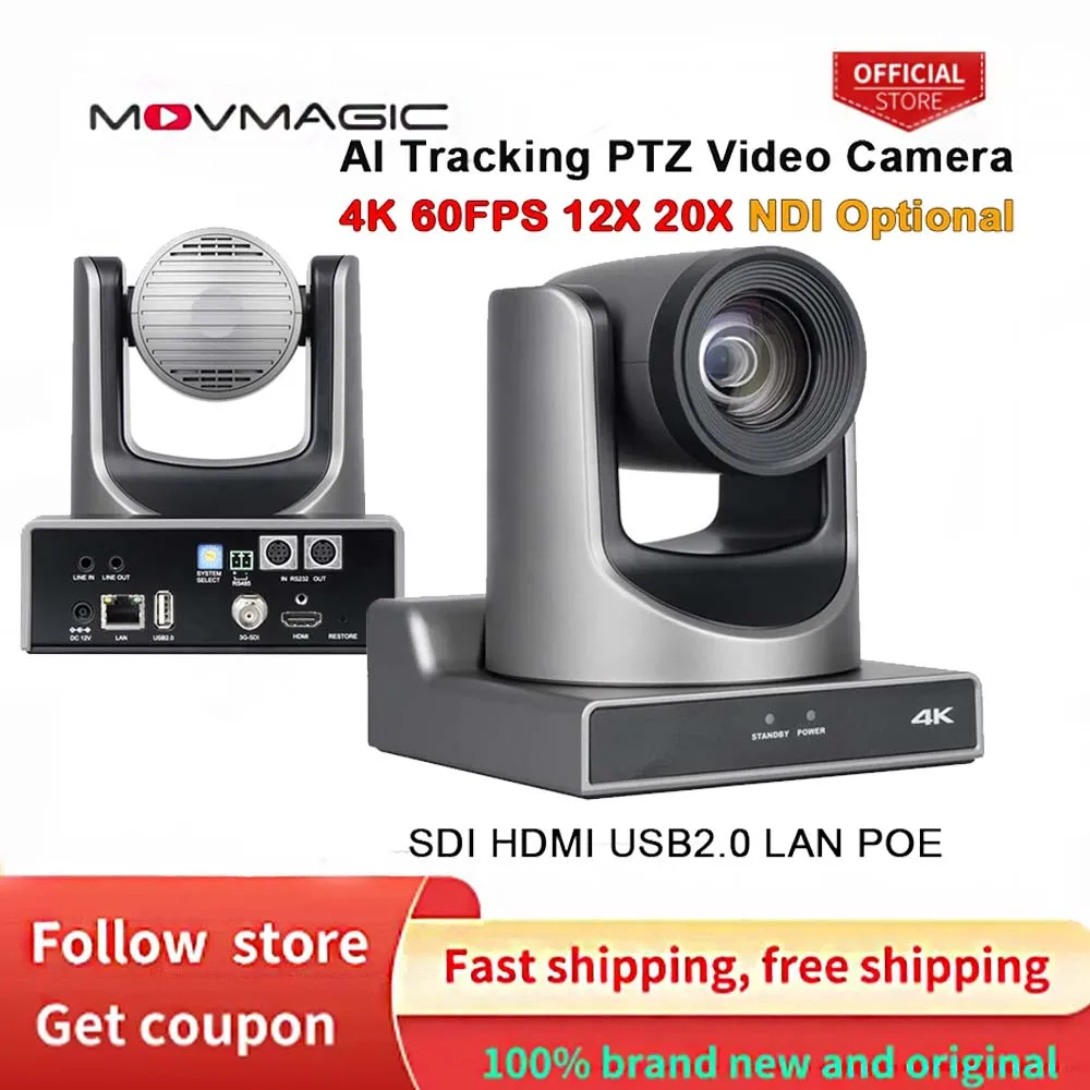 

MOVMAGIC AI Tracking NDI SDI 4K PTZ Camera 12/20X Optical Zoom 4Kp60 UHD Video Conference Camera HDMI 3g-sdi USB LAN Support POE