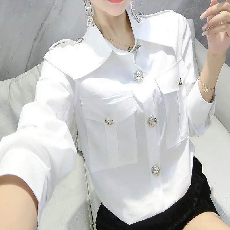 Spring Autumn Turn-down Collar Shirt Women\'s Clothing Commute Pockets Spliced Stylish Solid Color Single-breasted Basic Blouse