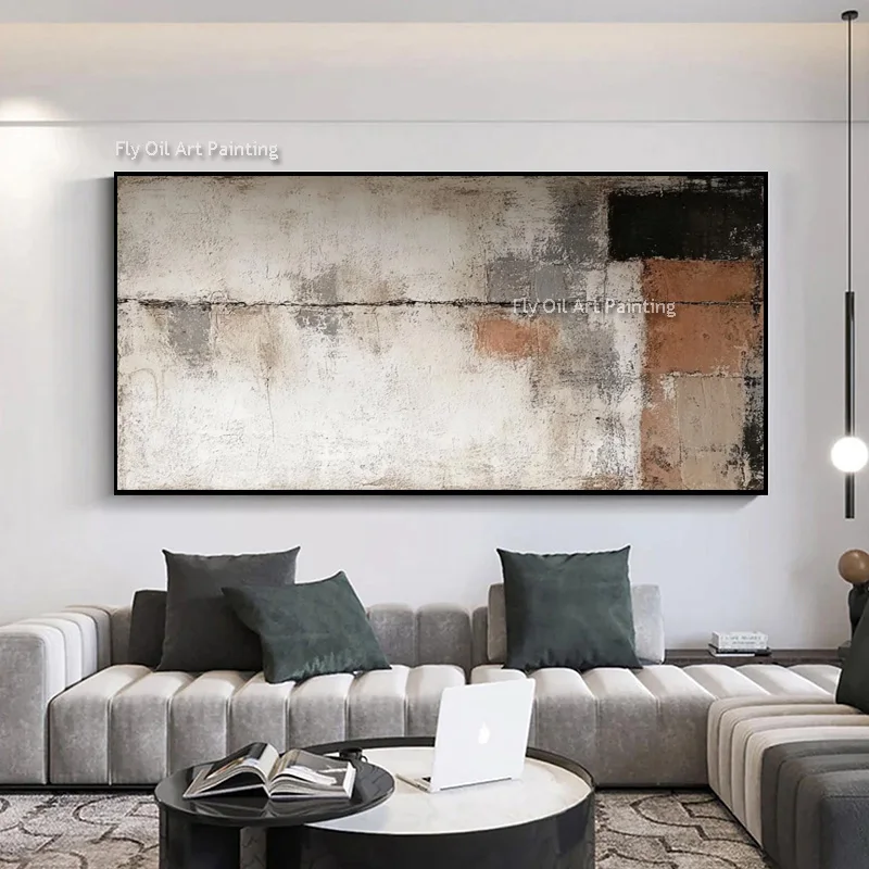 Aged Textured Abstract Oil Artwork, Hand‑painted Earthy Palette Canvas, Distressed Block‑Shape Horizontal Wall Piece for Home