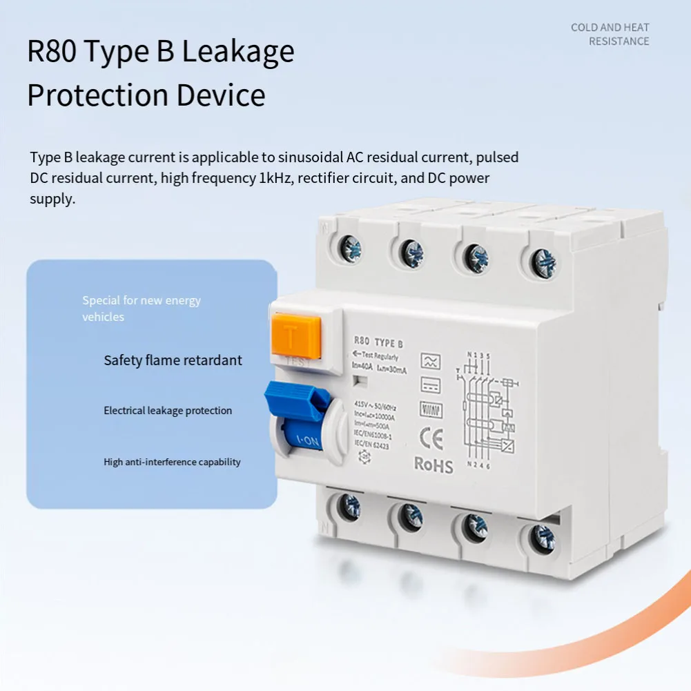 Type B 4P 40A 30mA RCBO For EV Charging Station PV System Leakage Overload Short Circuit Protection DIN Rail Breaker Accessory