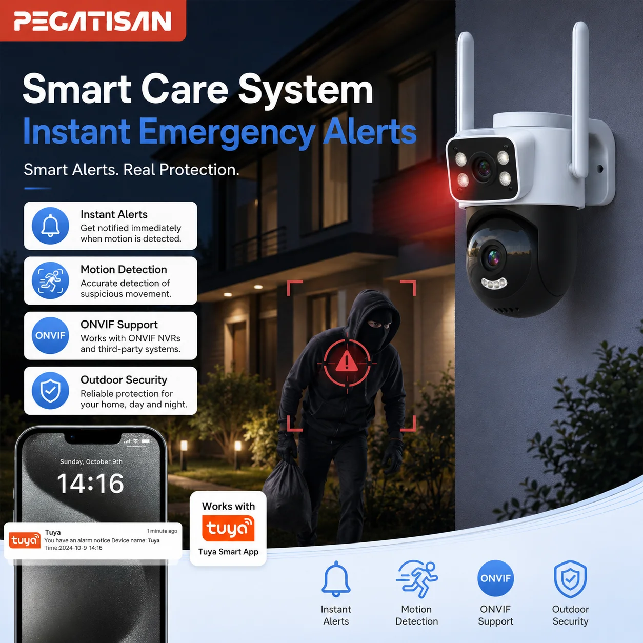 Câmera PTZ Externa PEGATISAN 4K Tuya Wifi com Rastreamento Automático por IA, 8MP HD Wi-Fi IP CCTV, Tela Dupla, Áudio Bidirecional, Suporte ONVIF