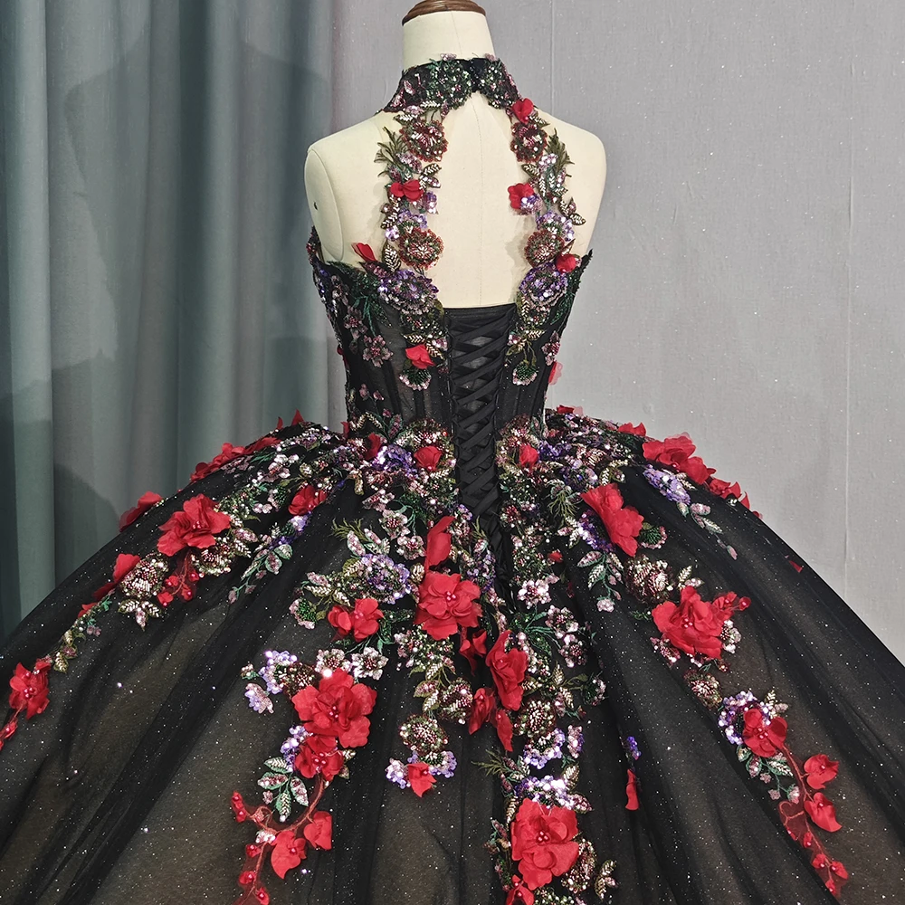 3D Flowers Embroidery Ruffled mexican Black and Red Quinceanera Dresses 1250