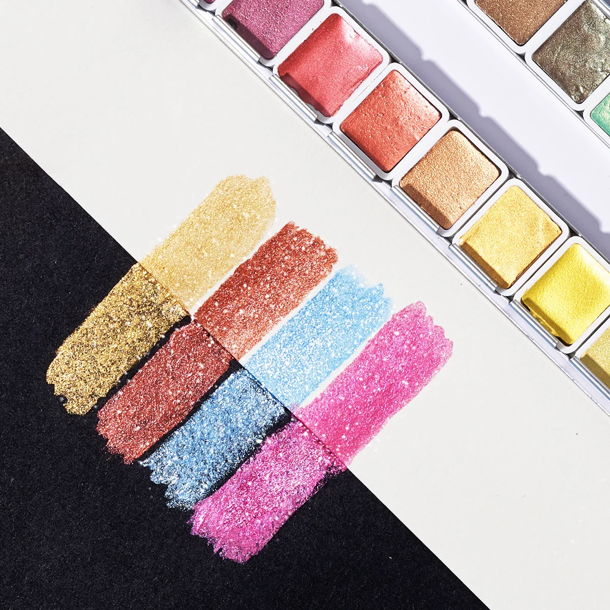 Paul Rubens Professional Metallic Watercolor Paints Set, Pearl Paint, Portable Metal Case with Palette Set of 24 Half Pans