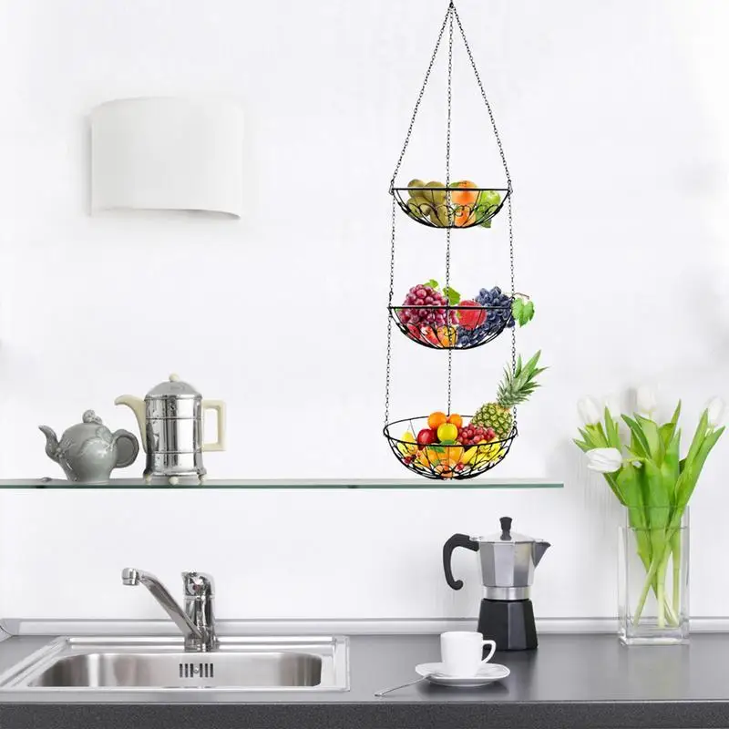 Kitchen Hanger Basket Fruit Bowl Metal Wire Basket 3-Tier With Hooks Kitchen Fruit Stand Space Saving Vegetable Basket For