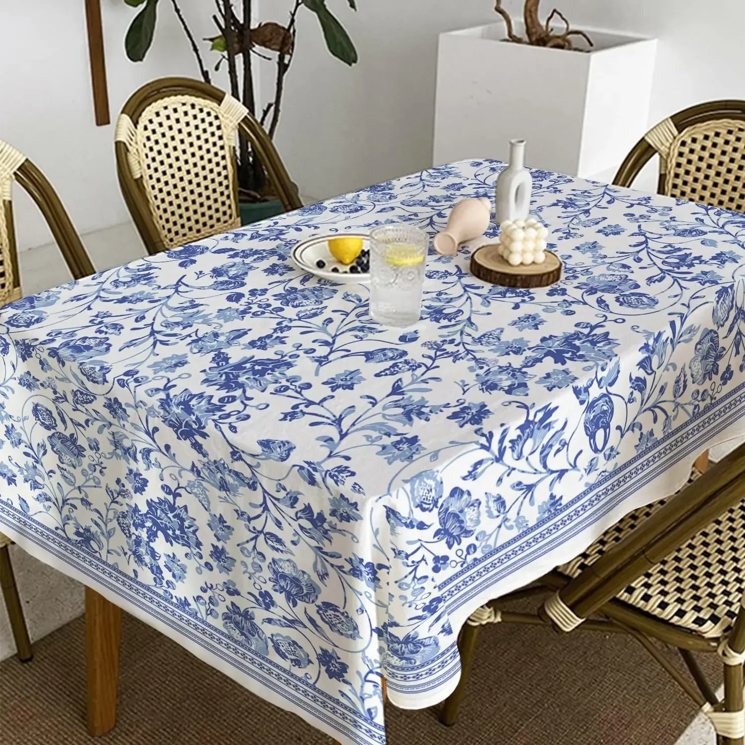 Blue Floral Rustic Rectangle Tablecloth Kitchen Dining Room Decor Waterproof Tablecloth for Table Holiday Party Decorations