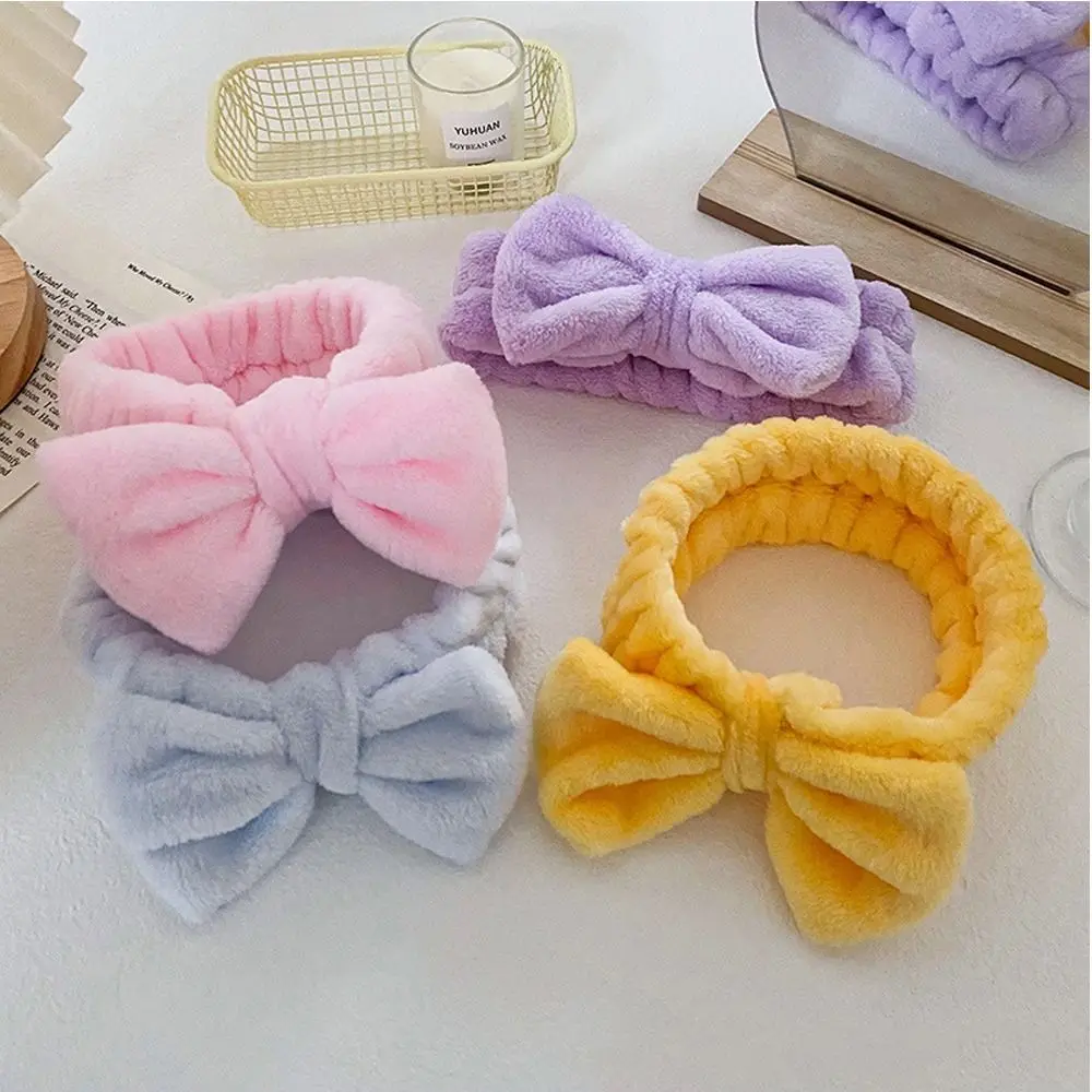 Elastic Coral Fleece Hair Band Soft Bow Knot Make Up Hairband Fluffy Bowknot Cosmetic Headbands Women