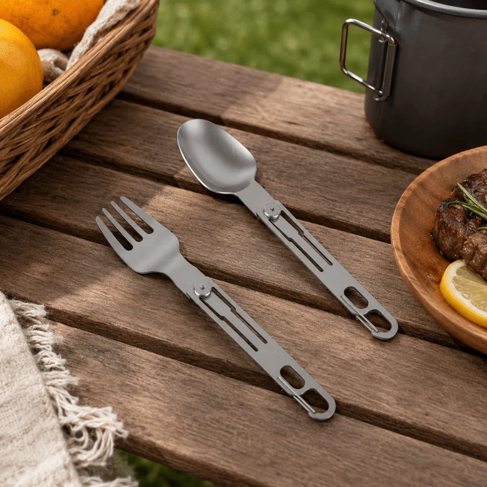 Stainless Steel Folding Fork and Spoon Reusable Rust-proof Folding Tablewares Multi-functional Carabiner Travel Folding Spoon