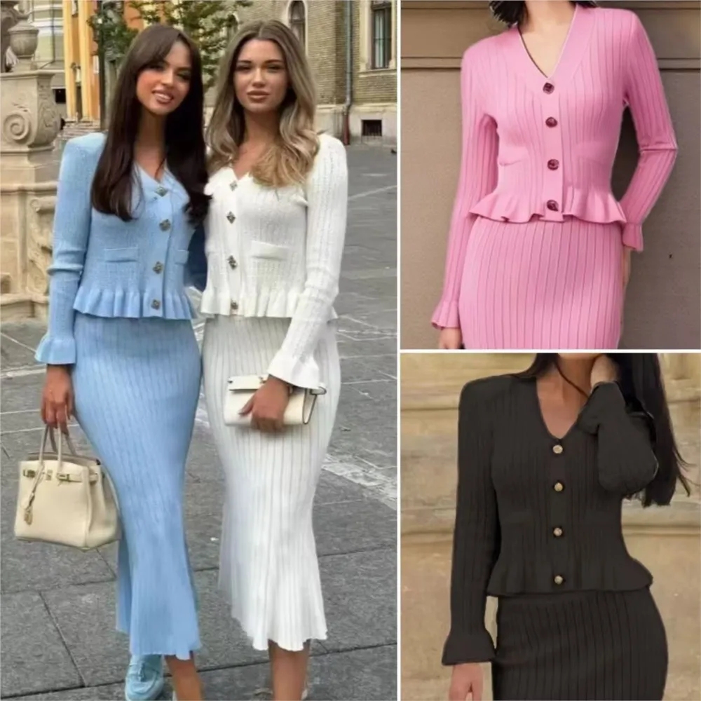 MsChuh Elegant New In Matching Sets Woman 2 Piece Set Outfit Two Piece Outfits Cardigans Skirt Temperament Ruffles Package Hip