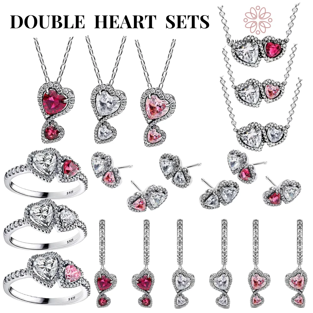 925 Sterling Silver Double heart Zircon Necklace Earrings and Ring Set Original  wedding DIY Women Fine Jewelry Valentine Gift