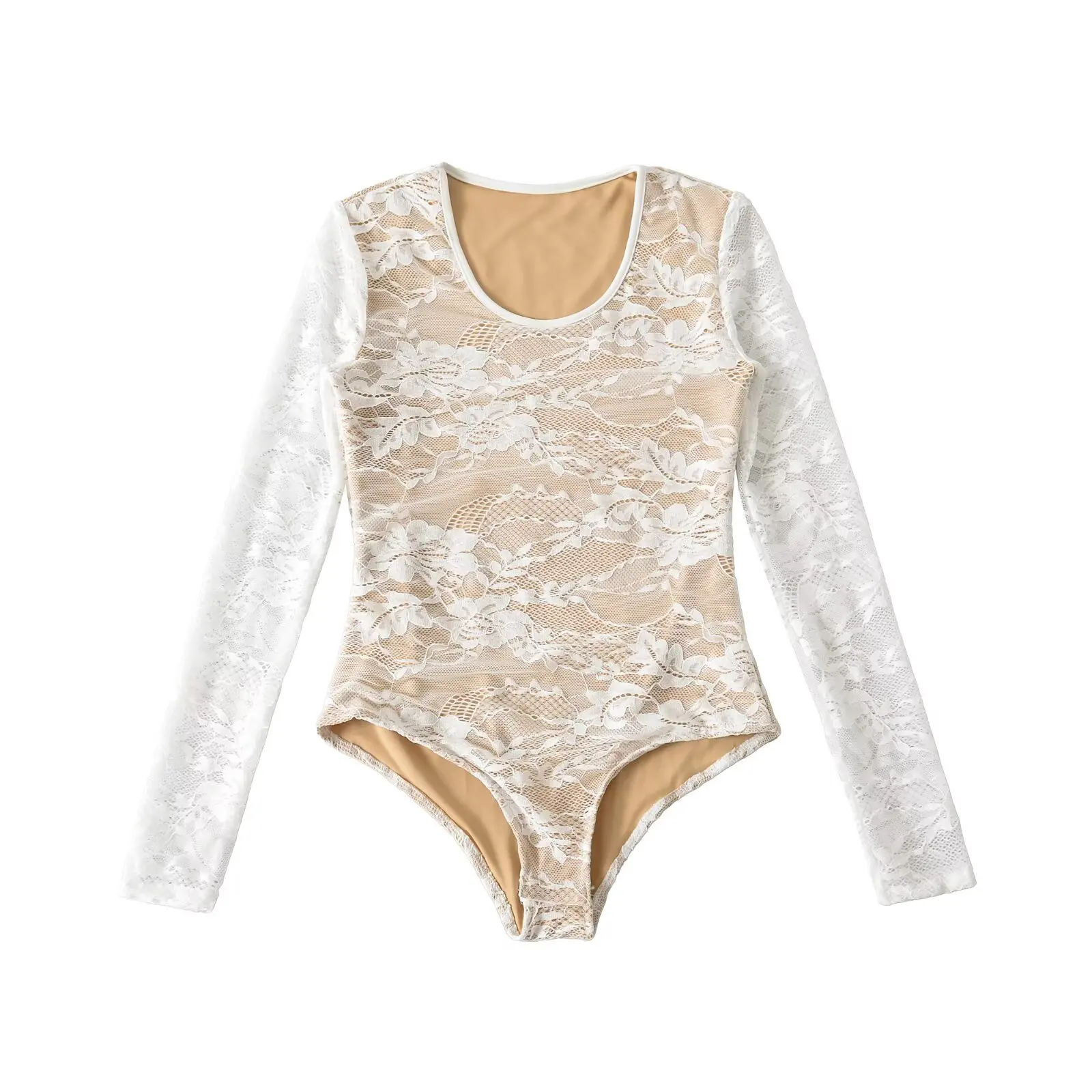 Sexy Lace Double Layer Long Sve Onesie Women's High Waist Slimming Top Hot Girl Base irt Autumn Commute Straight Leg o...