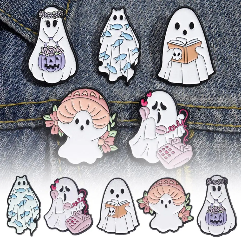 Cute Cartoon Ghost Enamel Brooch Halloween Metal Geometric Party Satchel Halloween Horror Buckle Accessories Badge Silk Sca W7S1