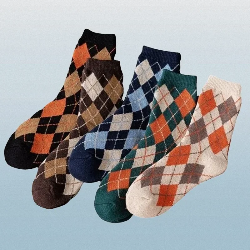 Chaussettes mi-tube épaisses en forme de diamant, chaussettes polyvalentes, style rétro, automne et hiver, nouveau, 5/10 paires