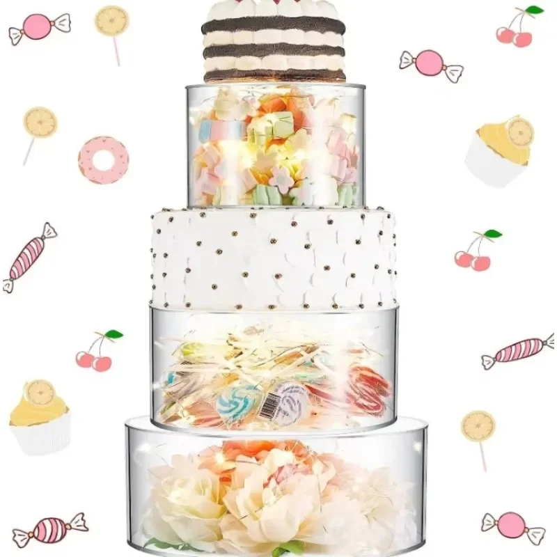 Hot Selling Round Clear Wedding Acrylic Cake Stand Display With LED Lights 3Tier Case Cylinder Fillable Separation Gifts Box