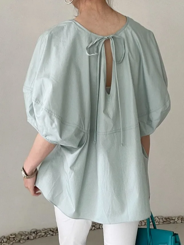 Chic Minimalist Design Bubble Sleeve Shirt Women's Loose Back Strap Front And Back Wear Summer Short Sleeve Deformable