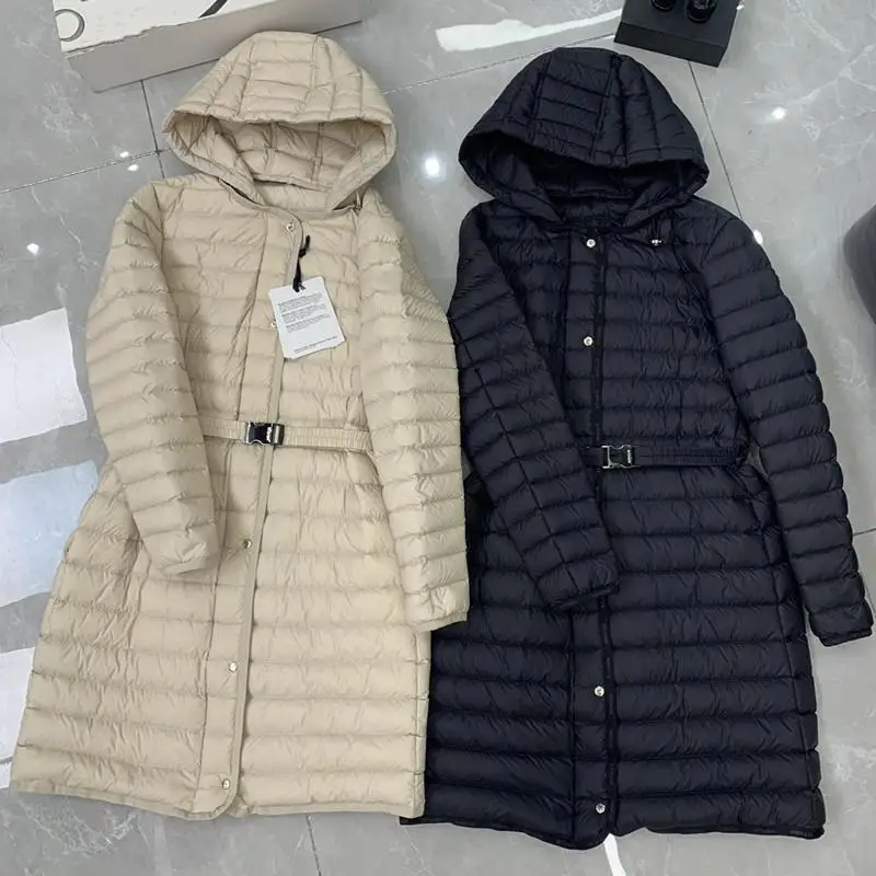 

Lightweight White Du down Puffer Jaet Women's Loose Fit Hooded Belted Mid-Length Versatile Coat for Commute in Cold Weather
