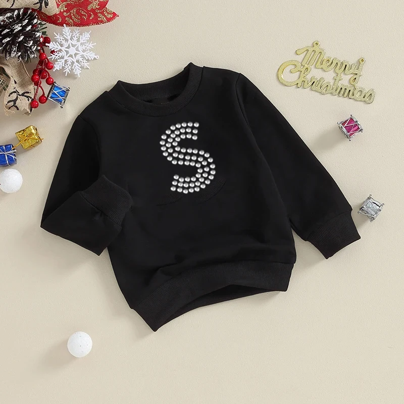 Rhinestone Letter Autumn Kids Boys Girls Tee Sweatshirts 0-5Y Vintage Black  Long Sleeve Pullovers Tops Hoody Children Clothes