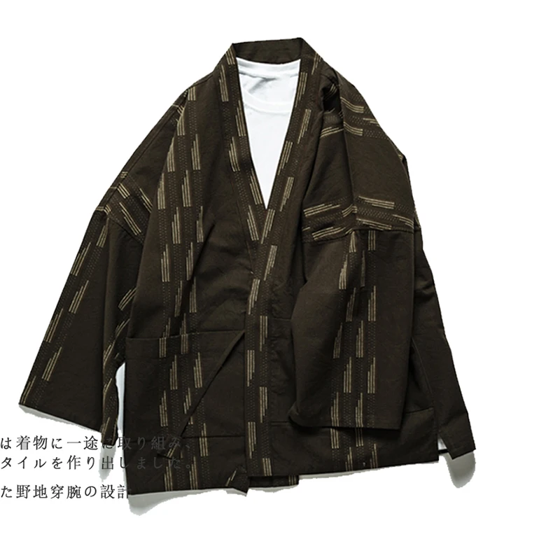 Stripe Pattern Men Cotton & Linen Thin Kimono Jacket Vintage 2023 Spring Summer Three Quarter Sleeves Japanese Haori