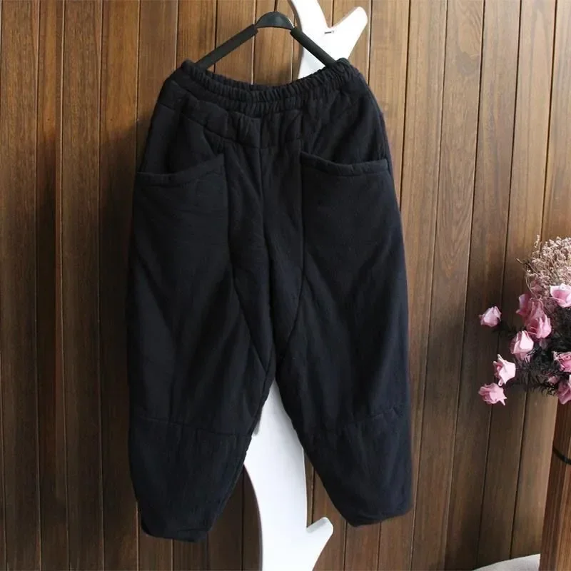 

Autumn New Solid Harem Cotton Pants Women Elastic Waist Large Pocket Trousers Thick Ankle-Length Womens Clothing