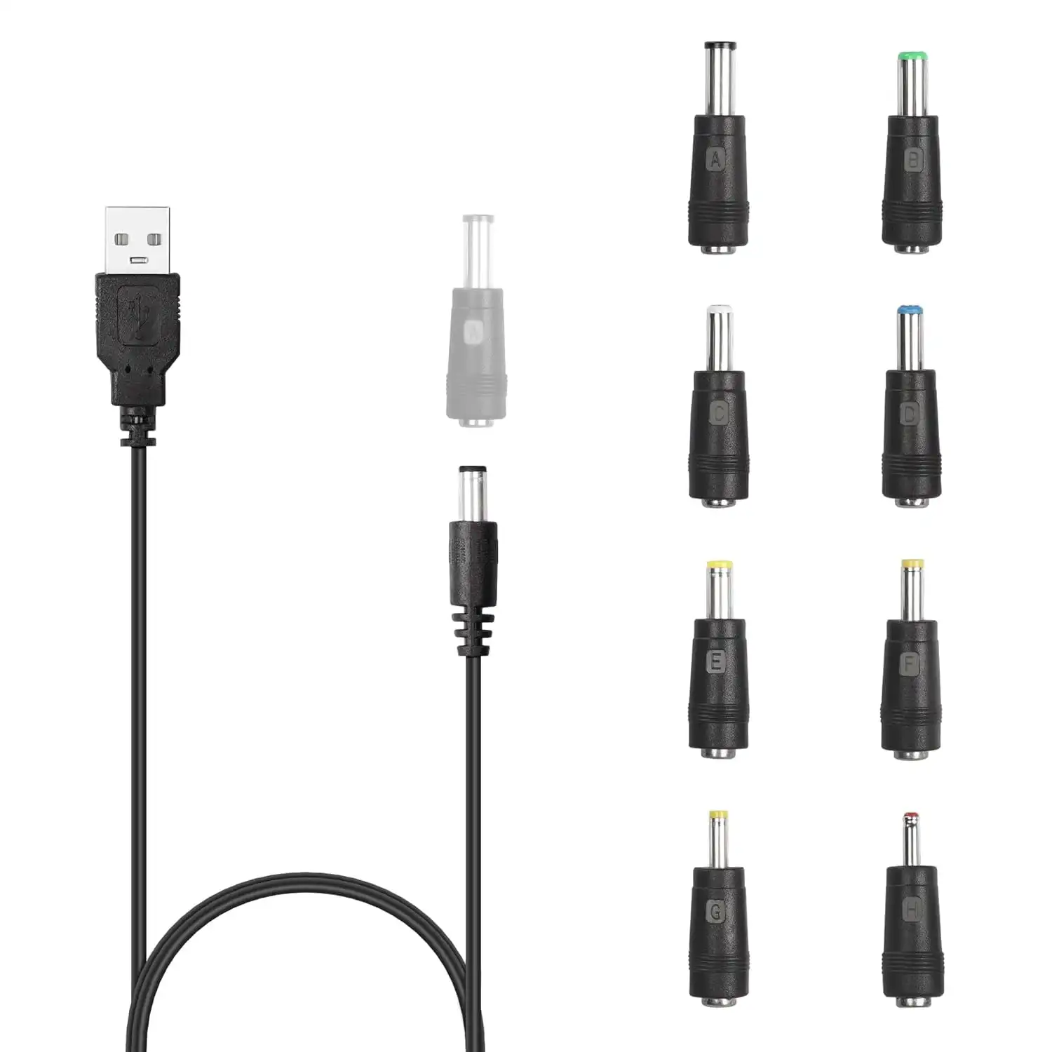 5V USB to DC Power Cable with 8 Interchangeable DC Adapter Plugs, 5.5x2.1mm Barrel Jack Universal Charging Cord, 3A Max Pure Copper Core Replacement Charger for Router Mini Fan LED Light USB Hub Port