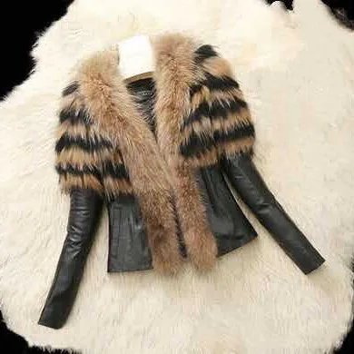 

European and American Large Size Imitation Raccoon Fur Pu Leather V-neck Women's Imitation Leather Jacket with Temperament