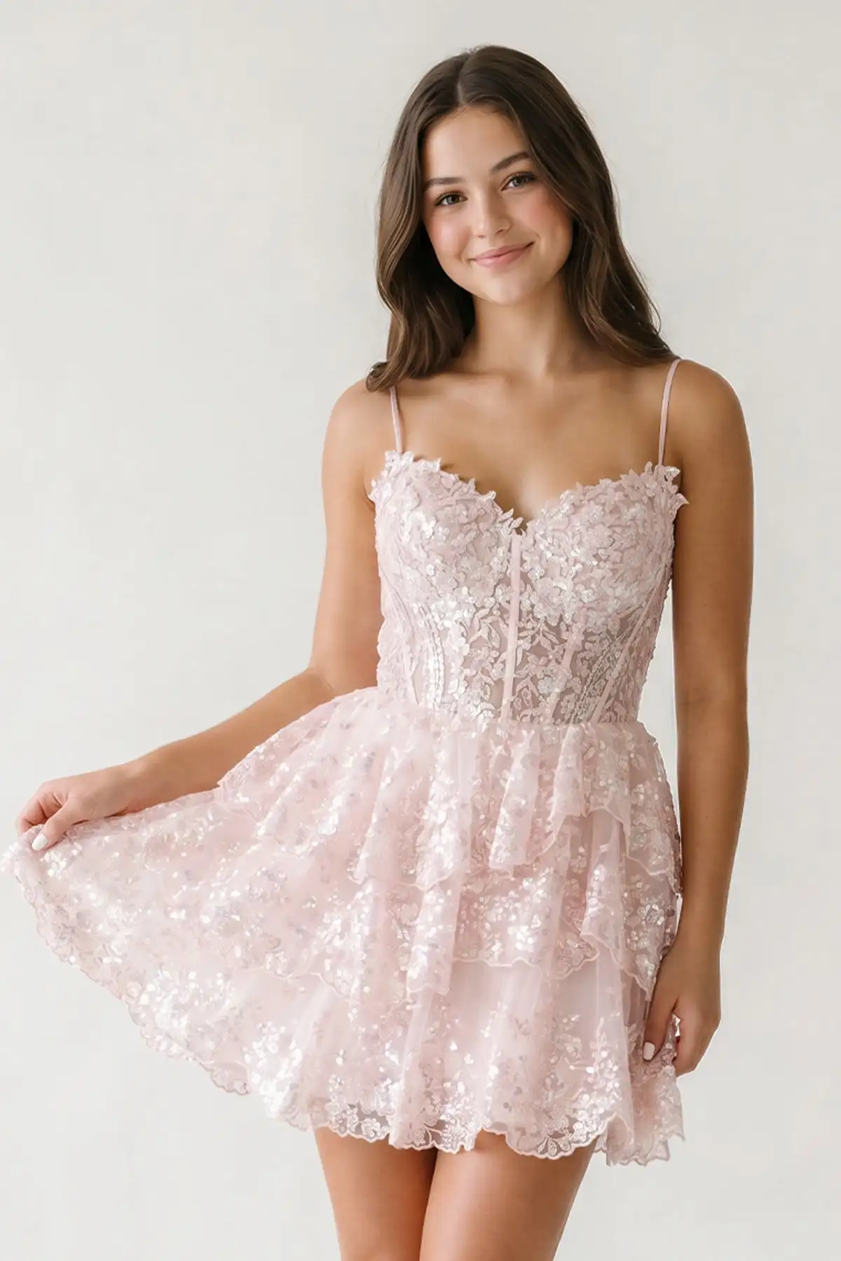 Appliques V Neck A- Line Mini Sequins Multi-Layers Short Homecoming Dress Party Dresses Cocktail Dresses Graduation Dress