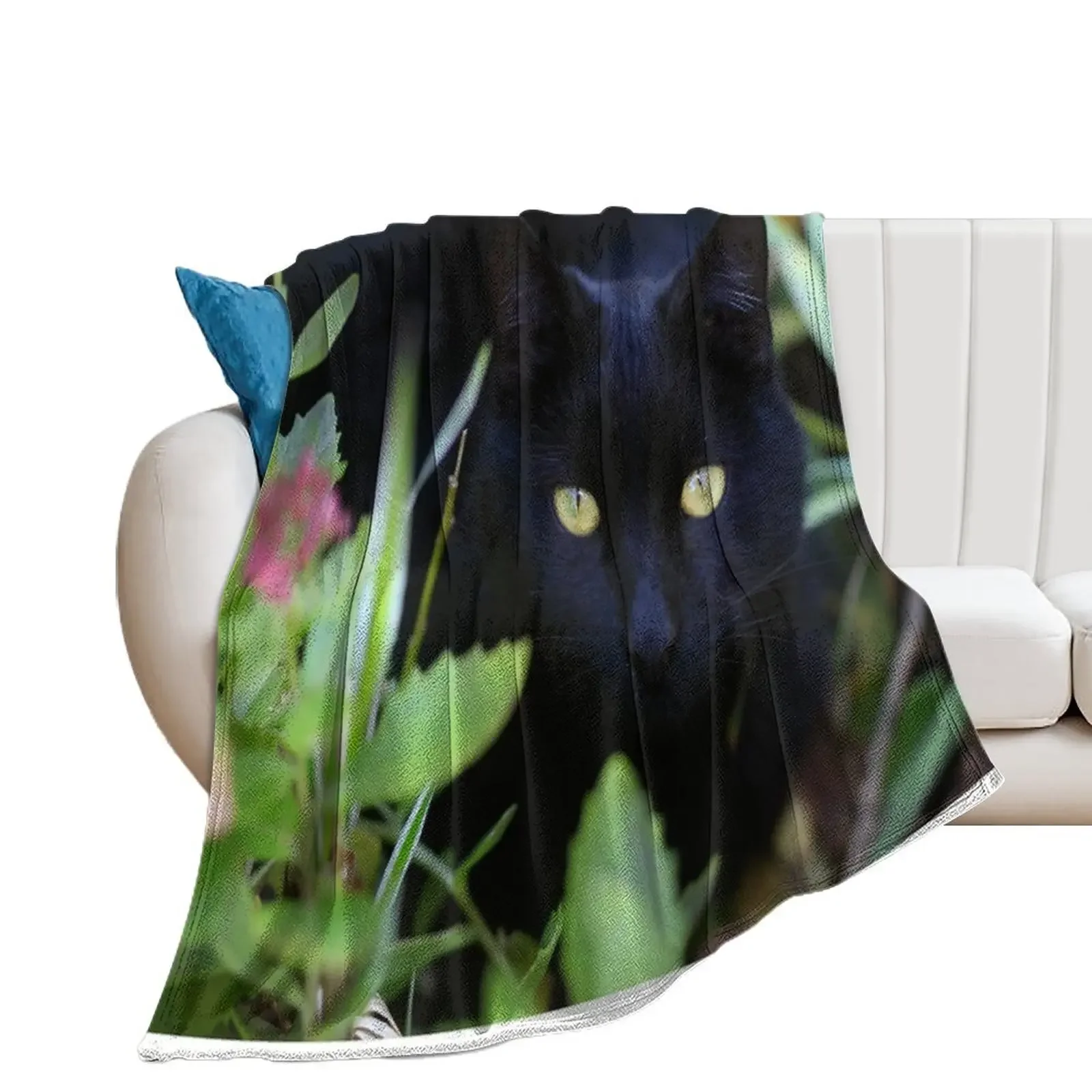 

Black cat sitting in garden Throw Blanket Plaid For Sofa Thin halloween Blankets