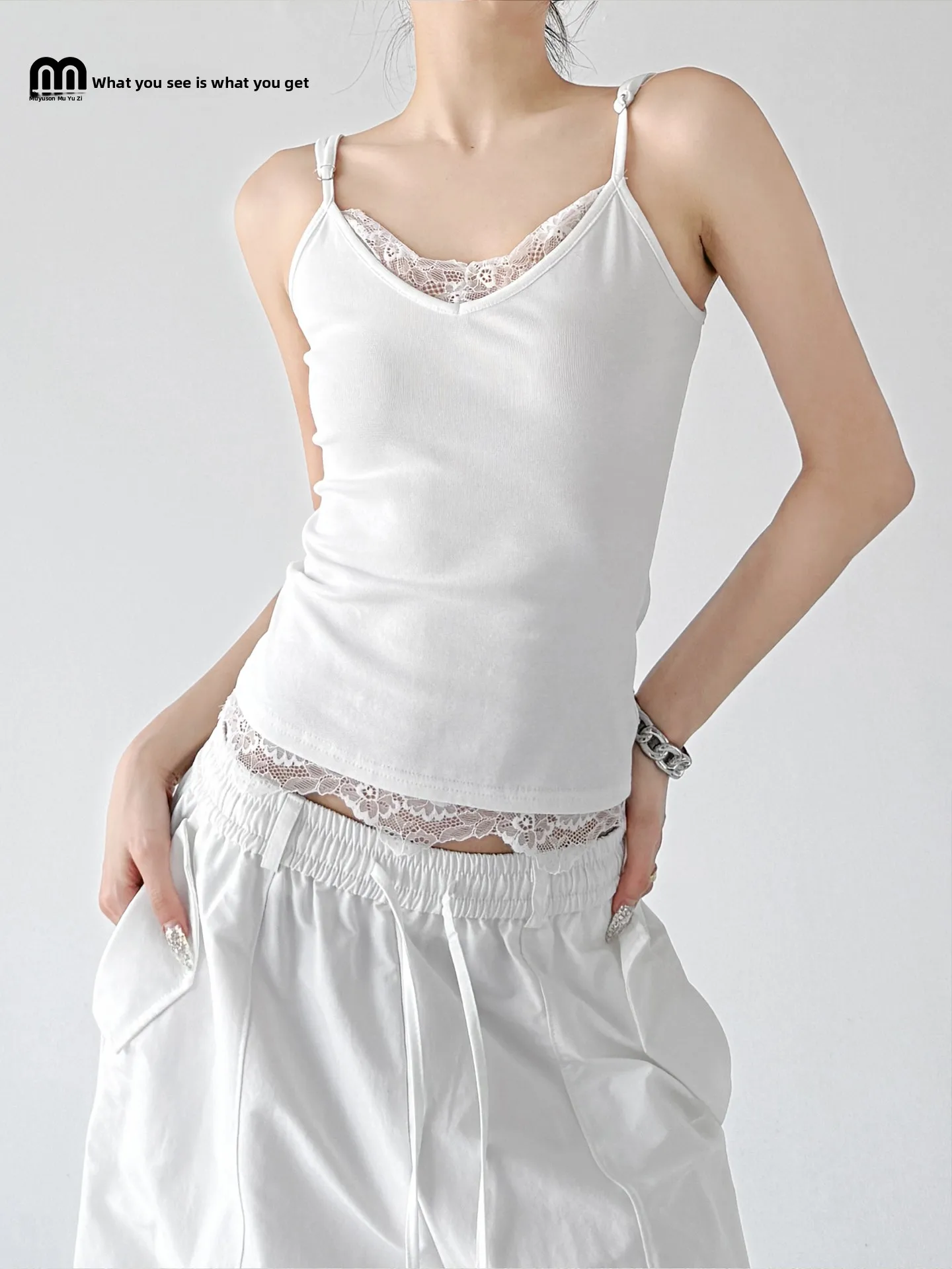 White Lace Splice V-neck Strap Vest Women's Summer New Style High-grade Slimming Base Layer Top Cotton Blend Short Length