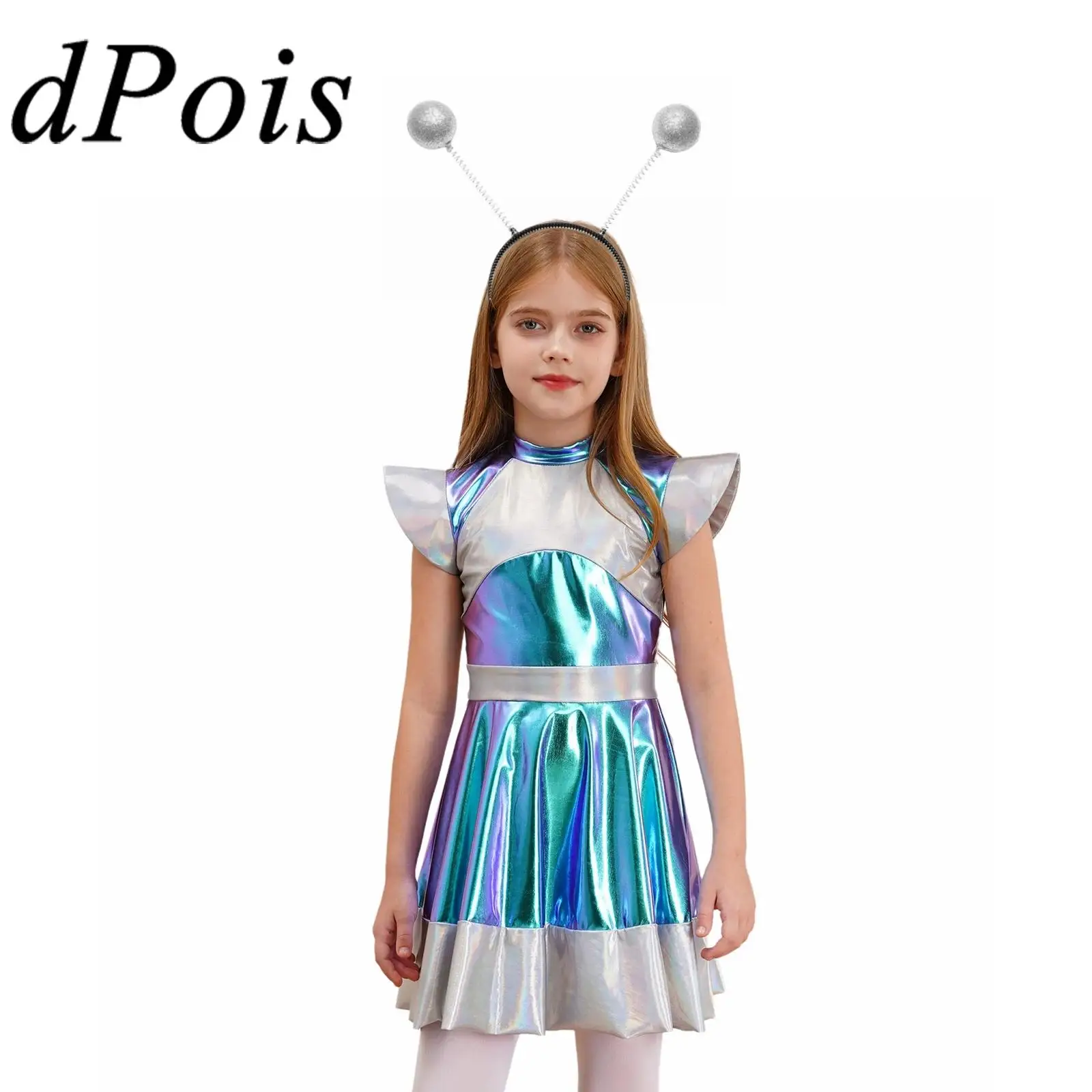 

Girls Shiny Alien Outer Space Robot Cosplay Costume Theme Party Gradient A Line Tutu Dance Dress for Future World Party Dress Up