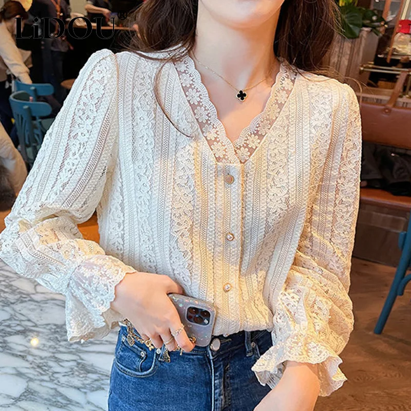 Spring Autumn Korean Style Elegant Fashion Solid V-neck Lace Shirt Top Women Long Sleeve All-match Buttons Blouse Femme Cardigan