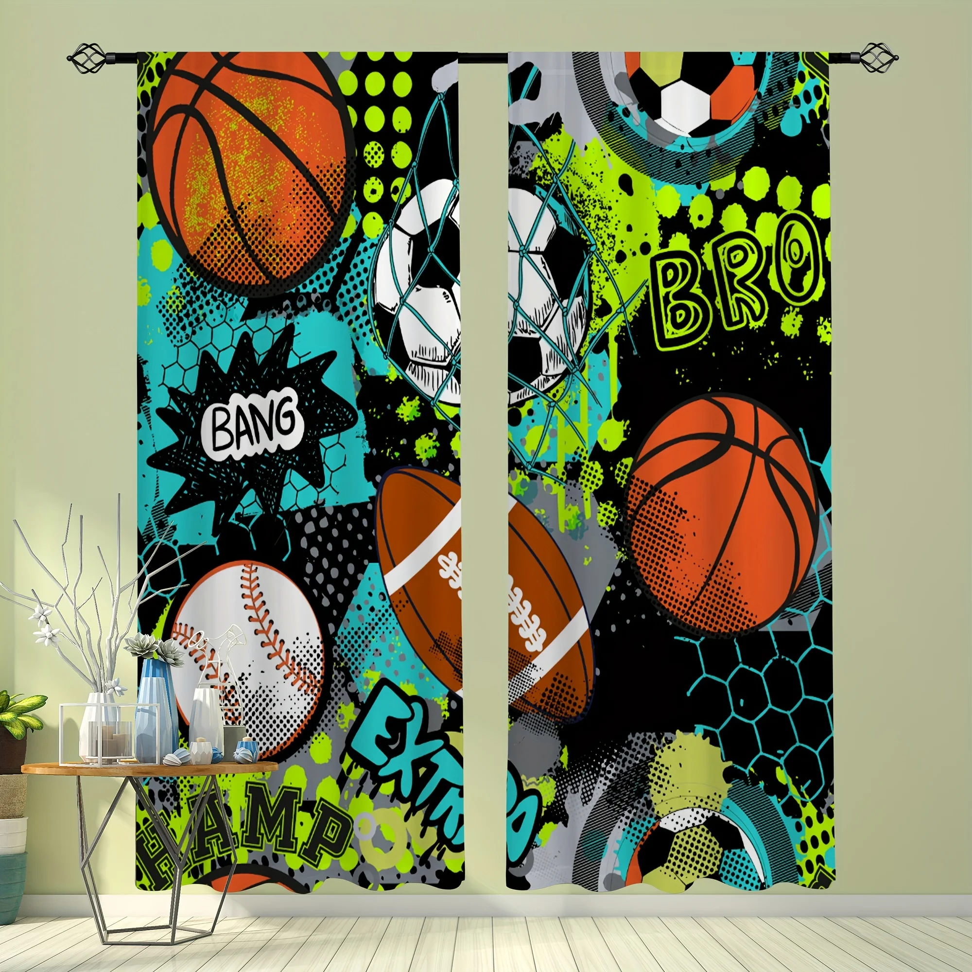 Sports Collage Curtain, Basketball Football Baseball Window Drape, Comic Style Boy Room Blackout Panel, Kids Home Decor