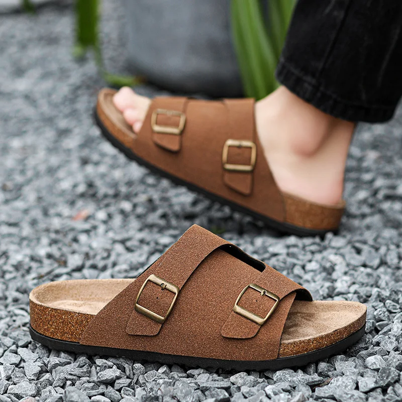 New Men Breathable Slippers Nu\'buck Leather Outside Sandals Quality Beach Slippers Casual Slide Mens Shoes Couple Outdoor Summer