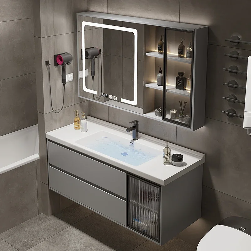 Organizer Bathroom Storage Cabinet Ceramic Basin Sink Modern Solid Bathroom Vanity Led Mirror Custom Bathroom Furniture