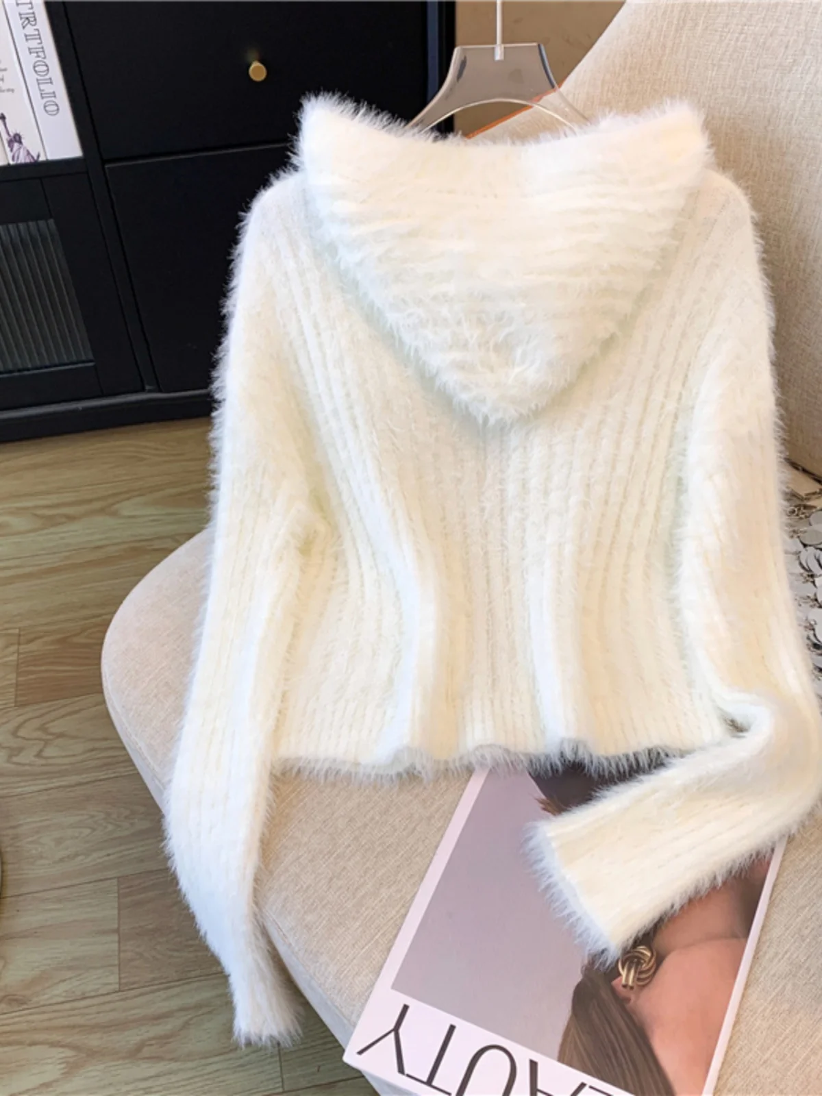 Hooded Knit Cardigan for Women Long Sleeve Fuzzy Knit Zip Up Crop Sweater Jacket Fall Winter Teen-girl Y2K Acubi Outfit