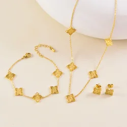 Stainless Steel Rhombus Flower Necklace Ring Earrings For Women Girl Four Leaves Clover Jewelry Set Gift for Party Birthday