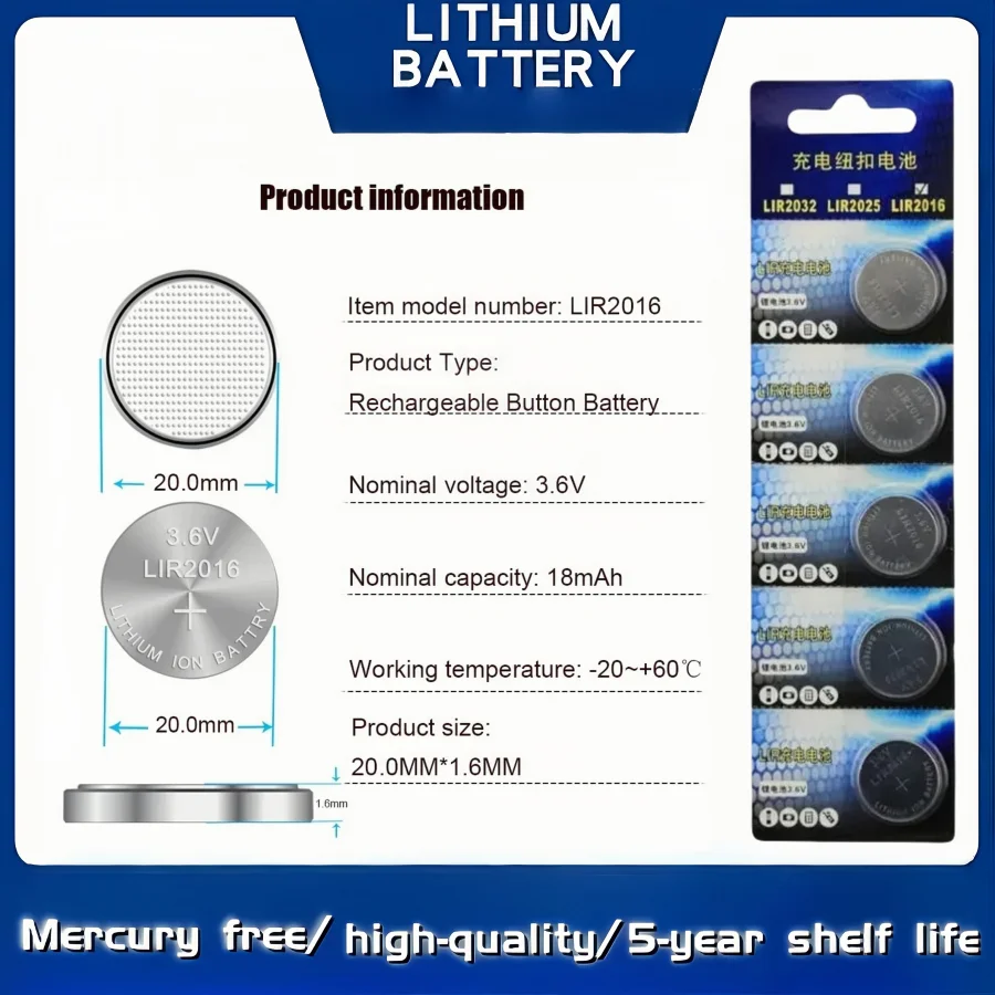

2-100PCS LIR2016 Rechargeable Battery 3.6V 20mAH, Lithium Coin Cell for Watches, Replace CR2016, Long Cycle Life