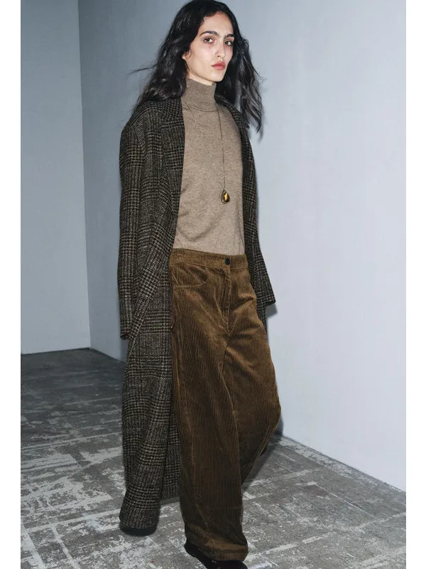 

Autumn Winter Women's Long Wool Blend Tweed Coat Double Breasted Button up Fashionable Commute Style Polyester Wool Blend
