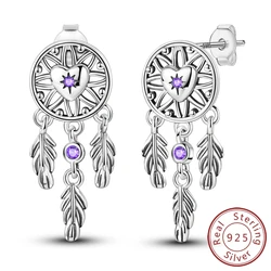 Fine 100% 925 Sterling Silver Purple Zircon Starlight Dreamcatcher Stud Earrings Women's Ethnic Jewelry Earring Accessories